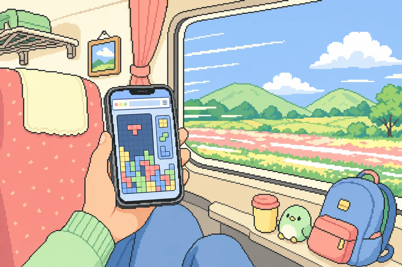 Pixel-Art: Hand mit Smartphone im Zugabteil, auf dem Display ein Block-Puzzle im Browser, draußen ziehen Hügel und Felder vorbei