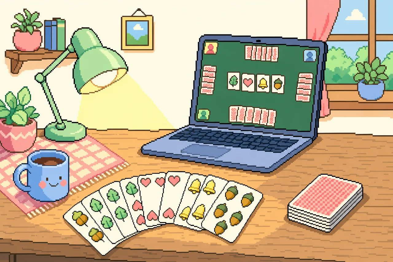 Pixel-Art: aufgefächerte Karten mit deutschem Blatt auf einem Holztisch, daneben ein Laptop mit Online-Kartenspiel und eine Schreibtischlampe