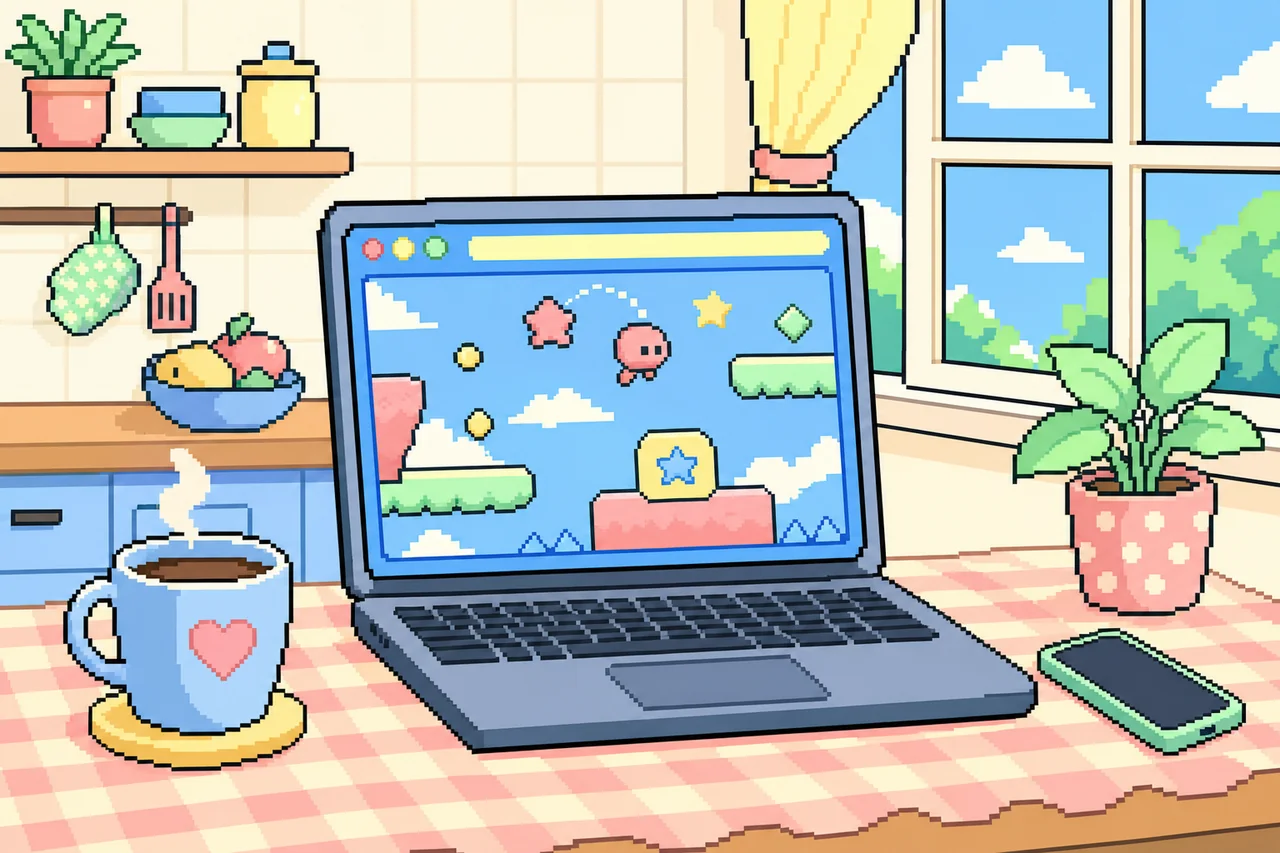 Pixel-Art: Laptop mit buntem Browserspiel auf einem Küchentisch, daneben eine Tasse Kaffee und ein Smartphone im Tageslicht